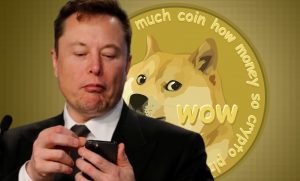 Elon Musk holding a phone, with a dogecoin wallpaper in the background