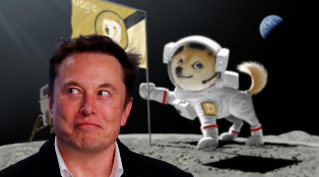 Elon Musk CEO of Tesla, with a picture of Dogecoin cryptocurrency on te moon