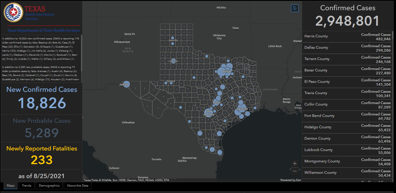 Texas COVID-19 cases August 25, 2025