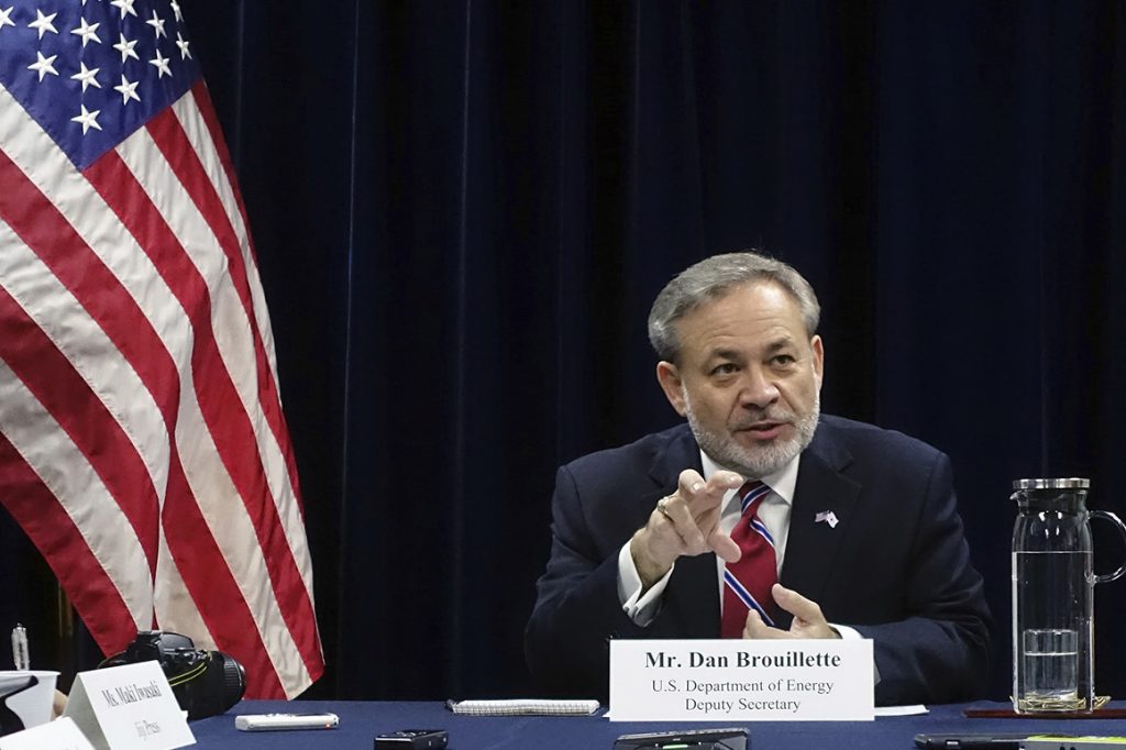 Former U.S. Deputy Secretary of Energy Dan Brouillette speaks with journalist during a media roundtable session in Tokyo Monday Oct. 22, 2018. A top U.S. energy official says Asia is the center of growth in energy demand and offers a great opportunity to expand American liquefied natural gas exports. Brouillette told reporters Monday that the U.S. is working with Japan and others to build facilities for U.S. LNG exports and improve their energy security. Japan is the world's biggest importer of LNG.(AP Photo/Mari Yamaguchi)
