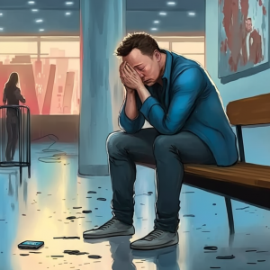 Illustration of Elon Musk crying in the lobby of Twitter headquarter