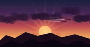 Fighter jets in formation flying into a dramatic rising sun over mountain silhouettes