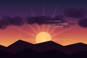Fighter jets in formation flying into a dramatic rising sun over mountain silhouettes