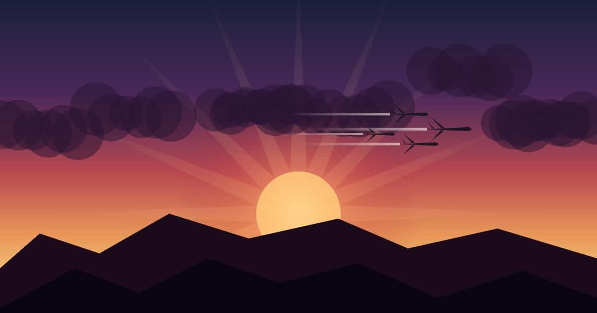 Fighter jets in formation flying into a dramatic rising sun over mountain silhouettes