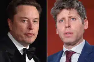 Split-image portrait: left man in a black tuxedo and bow tie against a dark background; right man in a blue suit with a burgundy dotted tie against a red backdrop.