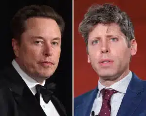 Split-image portrait: left man in a black tuxedo and bow tie against a dark background; right man in a blue suit with a burgundy dotted tie against a red backdrop.