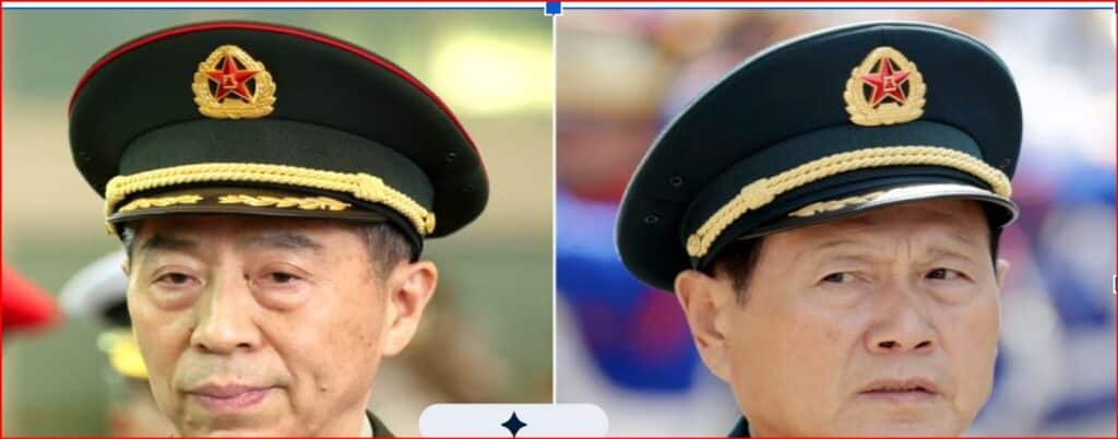 Two men in dark-green military uniforms wearing peaked caps with gold braiding and red star insignia, shown side by side in a split image.