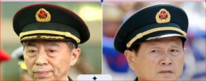 Two men in dark-green military uniforms wearing peaked caps with gold braiding and red star insignia, shown side by side in a split image.