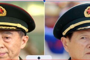 Two men in dark-green military uniforms wearing peaked caps with gold braiding and red star insignia, shown side by side in a split image.