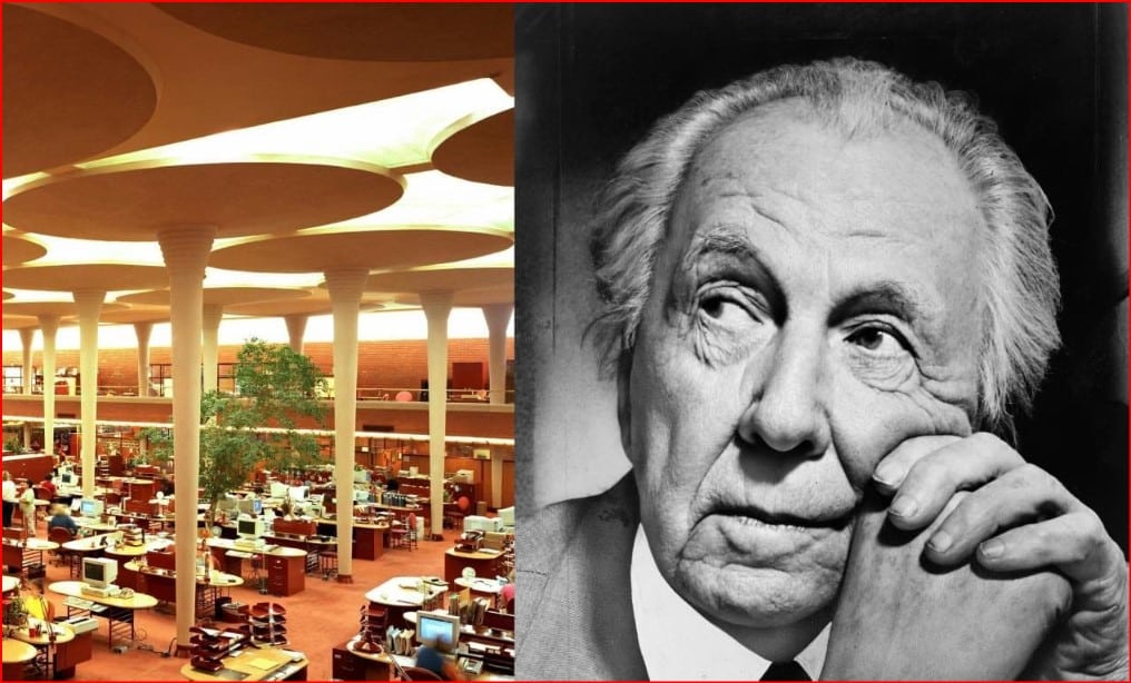 Open-plan office on the left with desks and computers; on the right is a grayscale portrait of an elderly man resting his chin on his hand in contemplation.