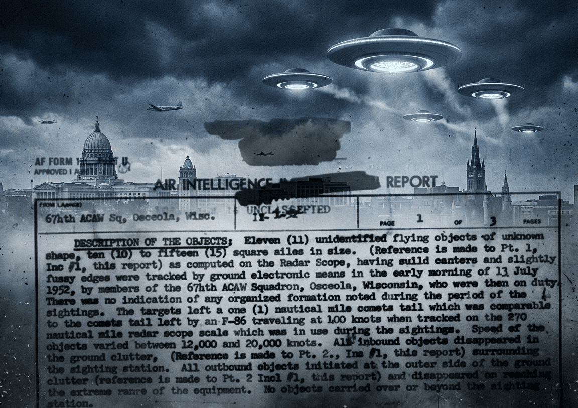 Before Roswell Became a Household Word, U.S. Air Force Radar Operators Silently Tracked 11 UAPs Screaming Across Wisconsin at Speeds No Human Aircraft Has Ever Matched — Then the File Was Quietly Buried