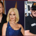 Collage: left shows a man in a black suit with a blonde woman in a blue sequined dress at a red carpet event; right shows a man in a black cap and sunglasses at an outdoor event.