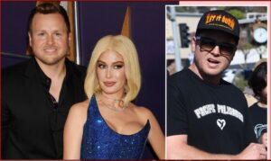 Collage: left shows a man in a black suit with a blonde woman in a blue sequined dress at a red carpet event; right shows a man in a black cap and sunglasses at an outdoor event.