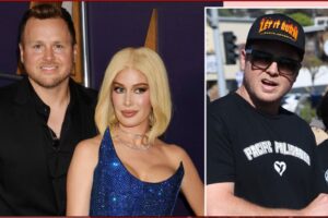 Collage: left shows a man in a black suit with a blonde woman in a blue sequined dress at a red carpet event; right shows a man in a black cap and sunglasses at an outdoor event.