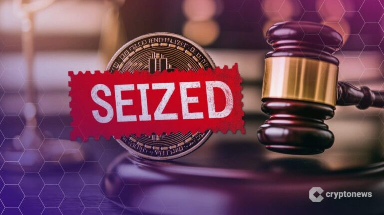 Red 'SEIZED' stamp over a crypto coin with a judge's gavel, signaling cryptocurrency seizure.