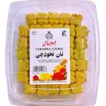 Clear plastic clamshell packaging containing yellow chickpea cookies; front label reads 'CHICKPEA COOKIE' with Persian text and floral design