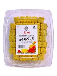 Clear plastic clamshell packaging containing yellow chickpea cookies; front label reads 'CHICKPEA COOKIE' with Persian text and floral design