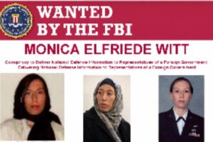FBI wanted poster for Monica Elfriede Witt, showing three mugshots and the FBI seal.