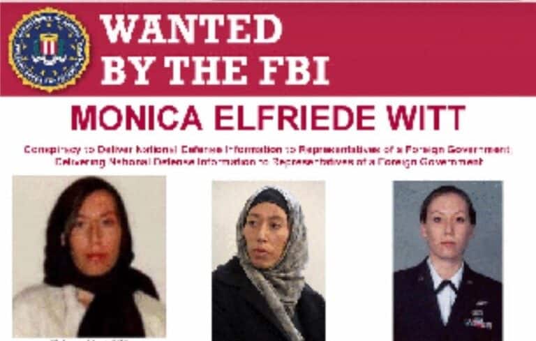 FBI wanted poster for Monica Elfriede Witt, showing three mugshots and the FBI seal.