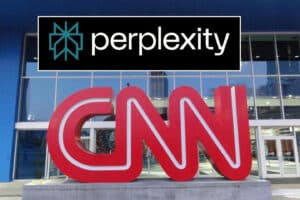 Red, oversized 'CNN' letters sculpture outside a glass-front building with a blue exterior; a black 'perplexity' logo is overlaid above.