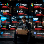 Businessman with a box of belongings sits in front of a glass wall covered with tech company logos and red 'LAYOFFS' banners.
