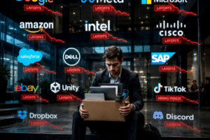 Businessman with a box of belongings sits in front of a glass wall covered with tech company logos and red 'LAYOFFS' banners.