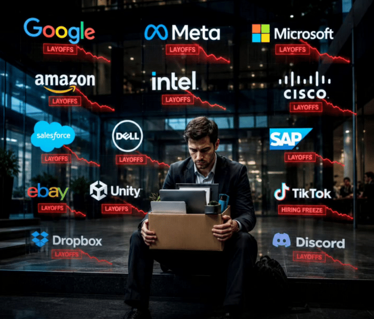 Businessman with a box of belongings sits in front of a glass wall covered with tech company logos and red 'LAYOFFS' banners.