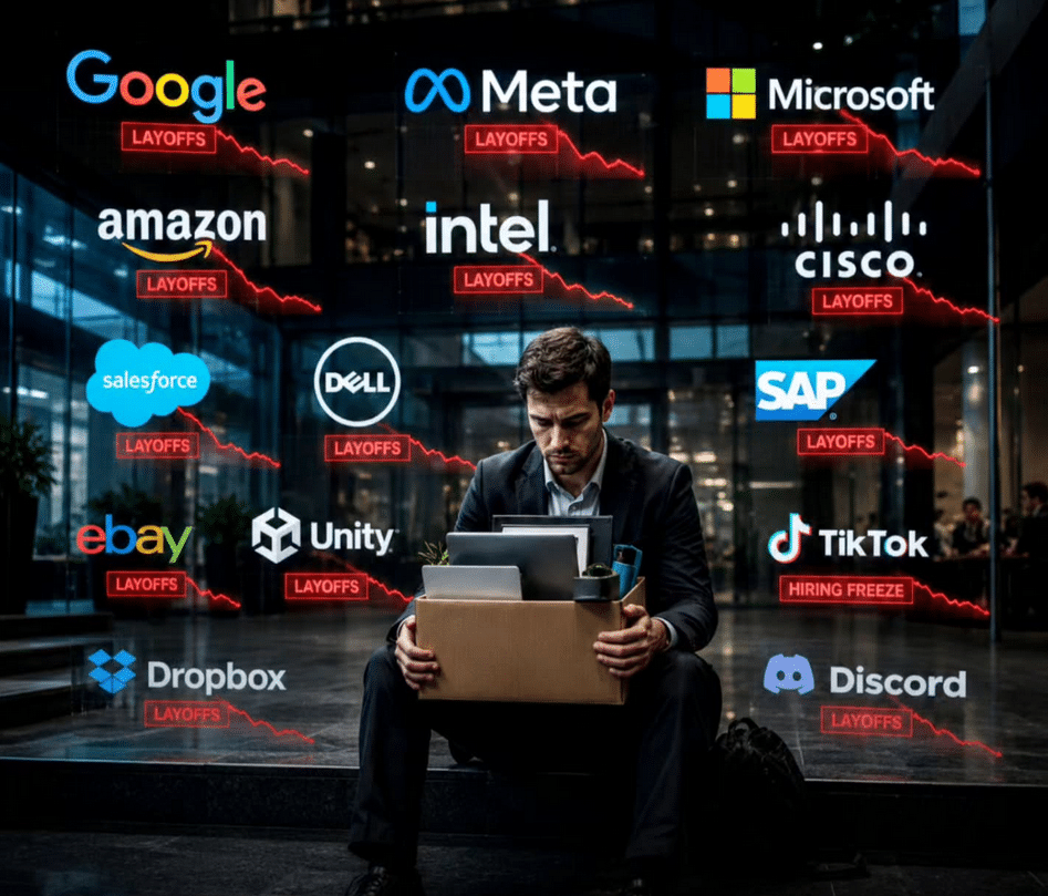 Businessman with a box of belongings sits in front of a glass wall covered with tech company logos and red 'LAYOFFS' banners.