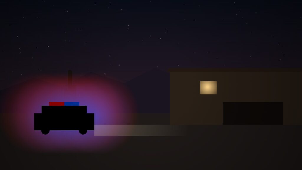 Sheriff vehicle outside a quiet desert home at night