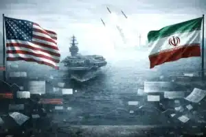 American and Iranian flags flank a battleship on a smoky sea as missiles streak into the sky in the distance.