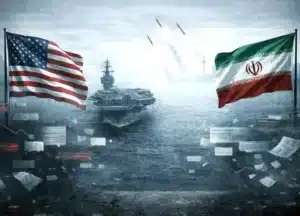 American and Iranian flags flank a battleship on a smoky sea as missiles streak into the sky in the distance.