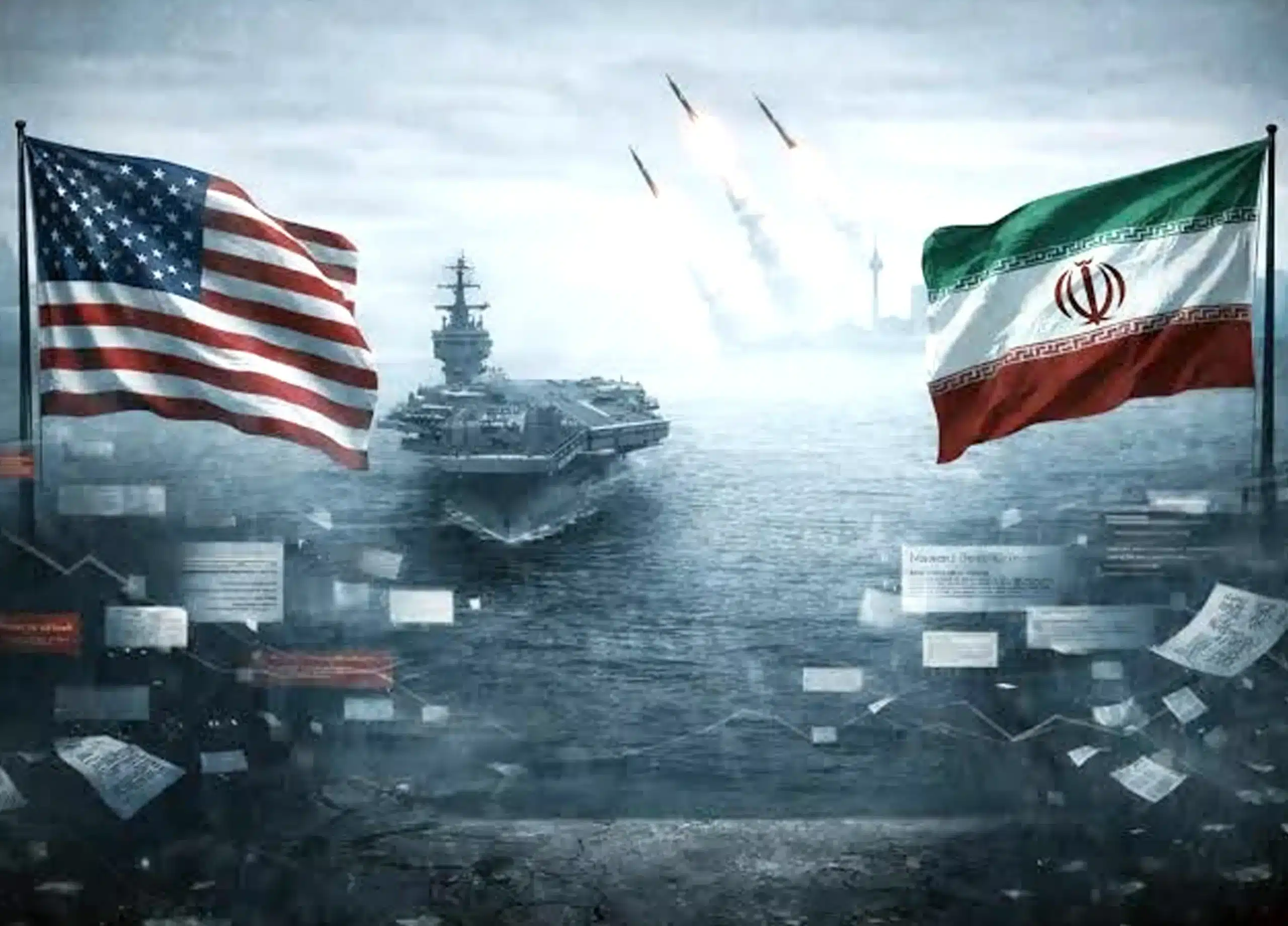 American and Iranian flags flank a battleship on a smoky sea as missiles streak into the sky in the distance.