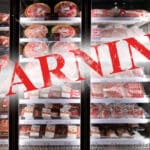 Refrigerated meat display with a bold red WARNING stamp across the glass, signaling caution about meat safety.