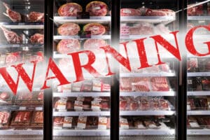 Refrigerated meat display with a bold red WARNING stamp across the glass, signaling caution about meat safety.