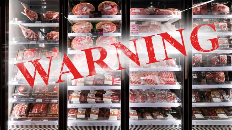 Refrigerated meat display with a bold red WARNING stamp across the glass, signaling caution about meat safety.