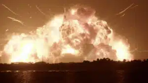 Nighttime rocket launch pad explosion with a massive orange fireball and thick smoke rising over the facility.