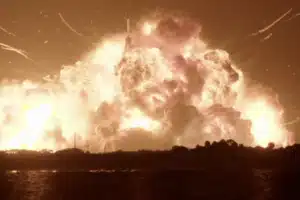 Nighttime rocket launch pad explosion with a massive orange fireball and thick smoke rising over the facility.