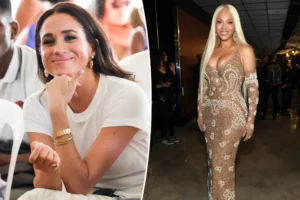 Split image: left a smiling woman in a white t-shirt seated in a bright room; right a woman in a sparkling gold gown walking a backstage or red-carpet area.