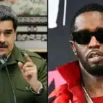 Split image: left a man in a green military uniform speaking and gesturing; right a man in a red jacket with sunglasses and a chain.