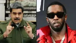 Split image: left a man in a green military uniform speaking and gesturing; right a man in a red jacket with sunglasses and a chain.