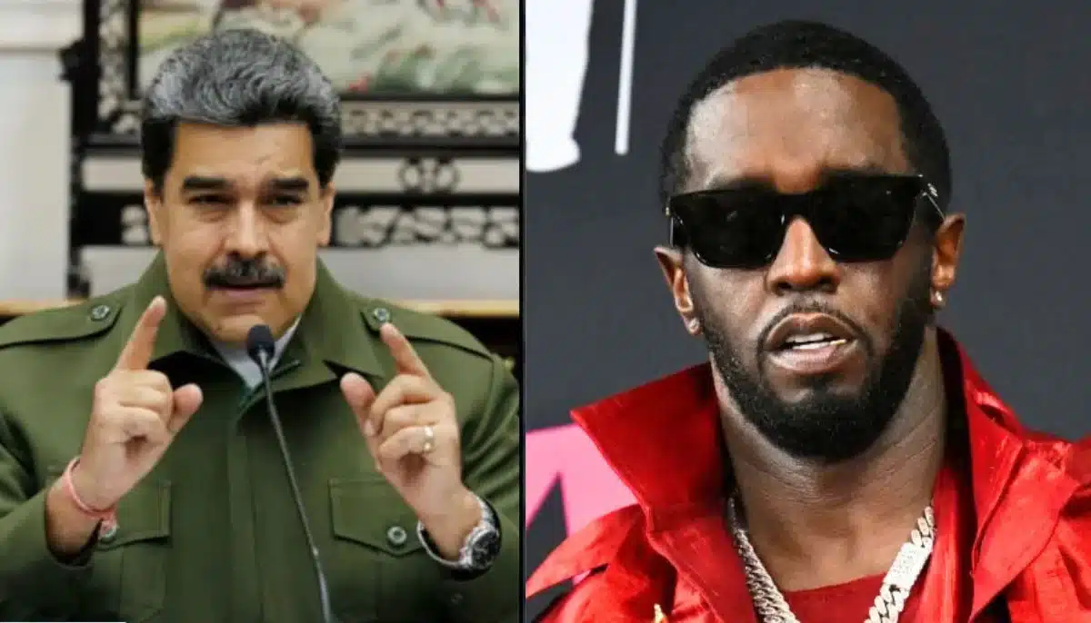 Split image: left a man in a green military uniform speaking and gesturing; right a man in a red jacket with sunglasses and a chain.
