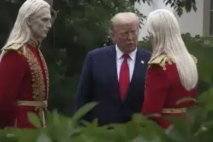 Donald Trump standing between two guards in red ceremonial uniforms with gold trim outdoors.