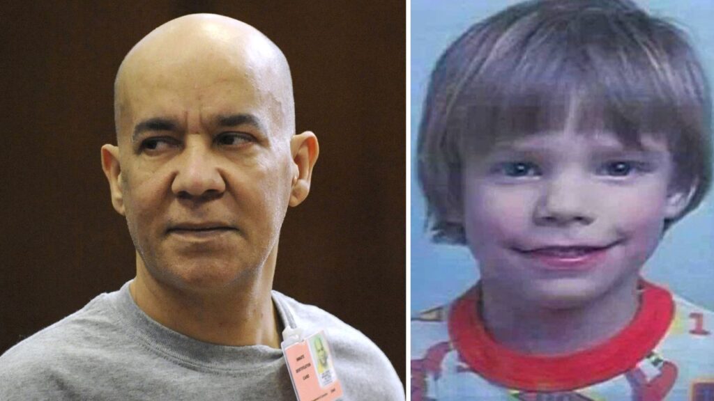 Collage showing a bald man in a gray shirt on the left and a young boy with a bowl cut on the right.