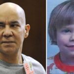 Collage showing a bald man in a gray shirt on the left and a young boy with a bowl cut on the right.