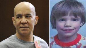 Collage showing a bald man in a gray shirt on the left and a young boy with a bowl cut on the right.