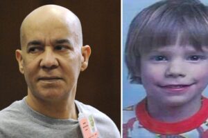 Collage showing a bald man in a gray shirt on the left and a young boy with a bowl cut on the right.