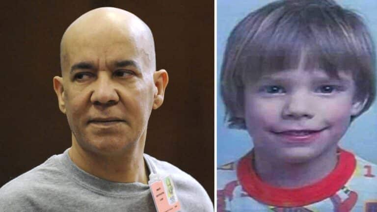 Collage showing a bald man in a gray shirt on the left and a young boy with a bowl cut on the right.