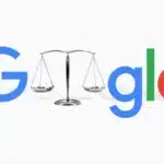 Google logo flanking a silver scales-of-justice balance, symbolizing law and ethics in tech