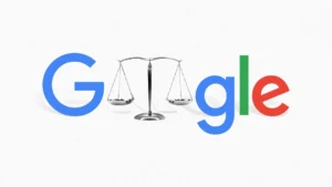Google logo flanking a silver scales-of-justice balance, symbolizing law and ethics in tech