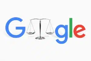 Google logo flanking a silver scales-of-justice balance, symbolizing law and ethics in tech